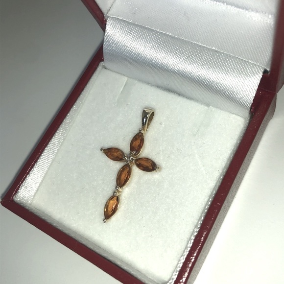 Solid 14K Yellow Gold Citrine Topaz ? Diamond Cross Pendant Charm - Picture 2 of 7